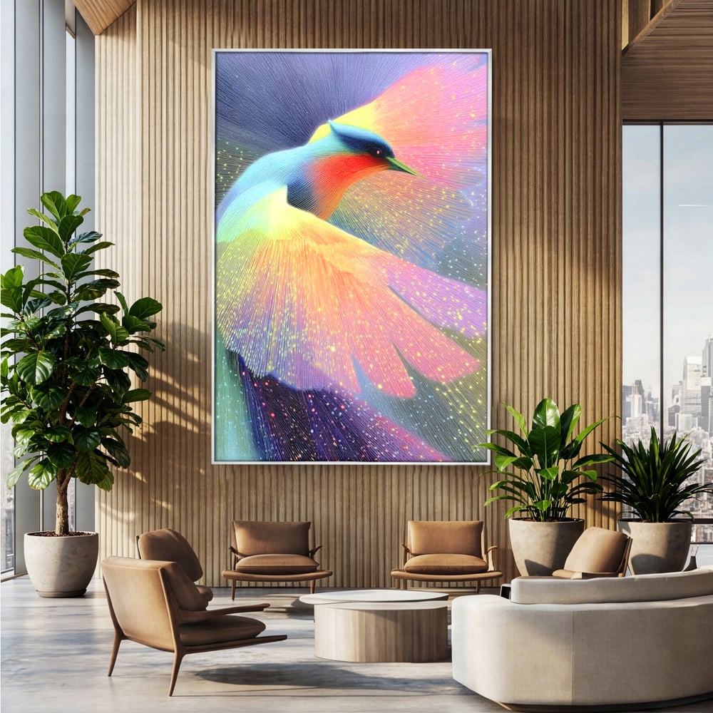 Tablou canvas cu tablou canvas cu pasare colorata in zbor, in rama de aluminiu argintiu, pe perete intr-un birou